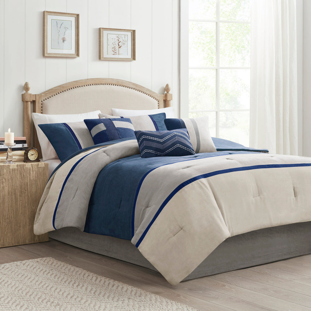 7 Piece Faux Suede Comforter Set Blue Queen Media 1