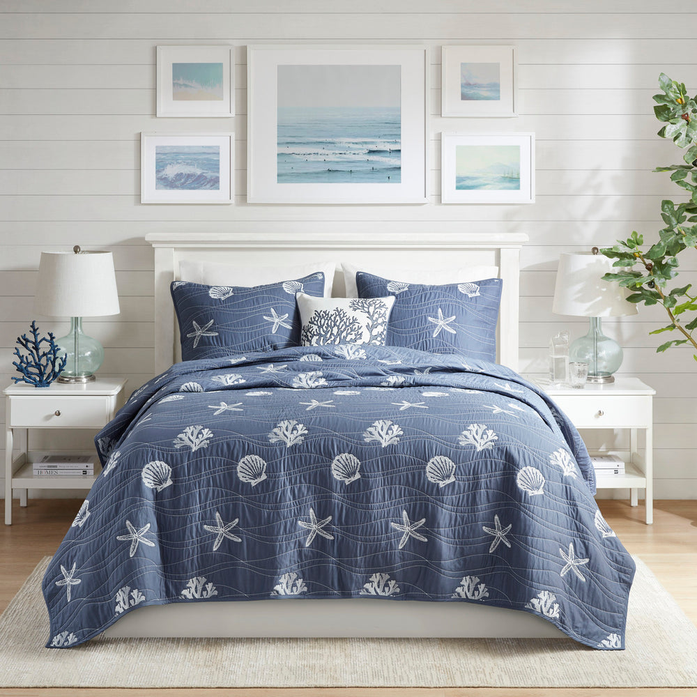 4 Piece Cotton Reversible Embroidered Quilt Set with Throw Pillow Navy Full/Queen Media 1