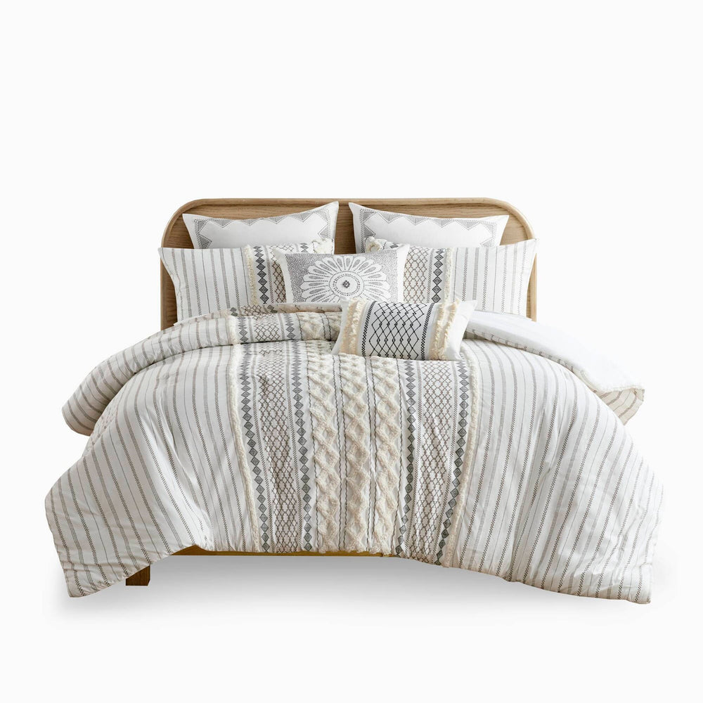 Cotton Printed Comforter Set with Chenille Ivory King/Cal King Media 16