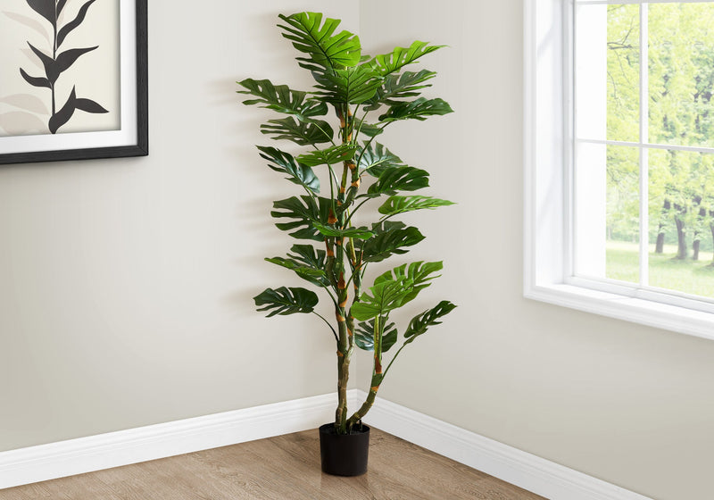 Artificial Plant, 61' Tall, Monstera Tree, Indoor, Potted, Floor, Real Touch, Green Leaves, Black Pot