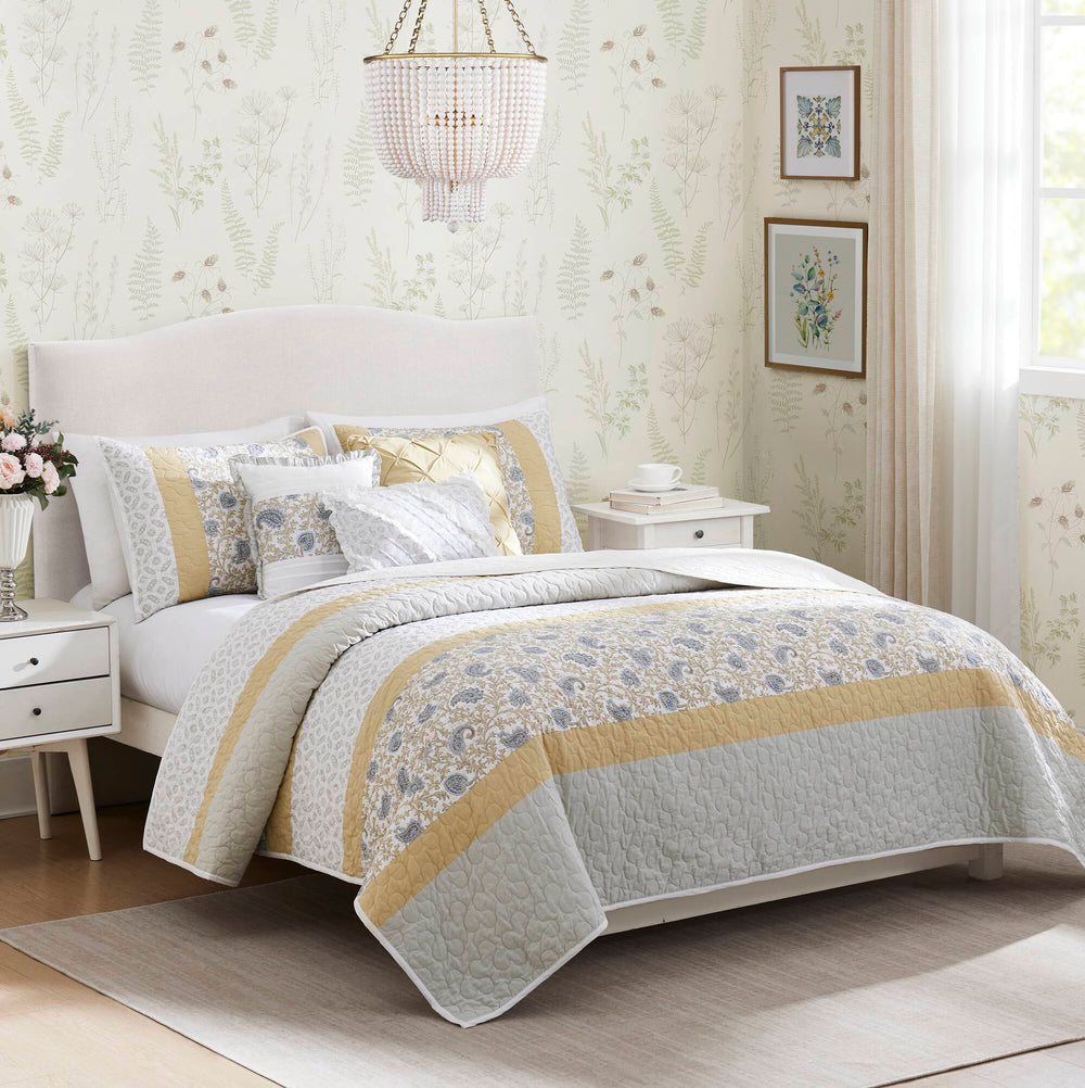 6 Piece Cotton Percale Quilt Set with Throw Pillows Yellow King/Cal King Media 1