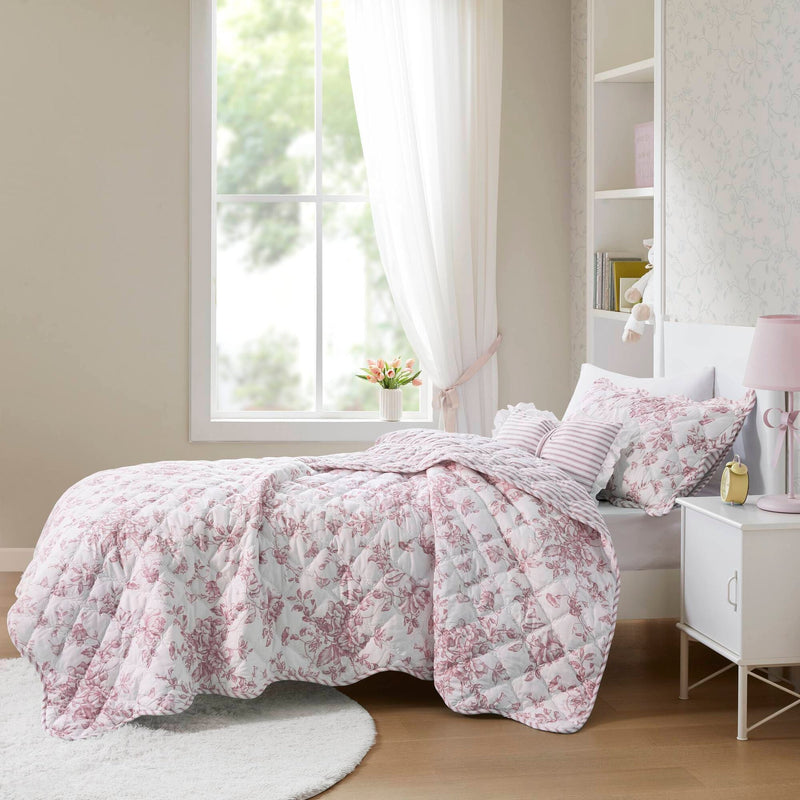 3 Pieces Twin/Twin XL Quilt Set with Decorative Pillow,Pink