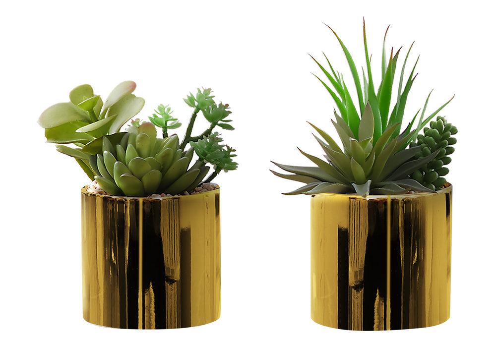 Artificial Plant, 7' Tall, Succulent, Indoor, Faux, Fake, Table, Greenery, Potted, Set Of 2, Decorative, Green Plants, Glossy Gold Pots Media 3