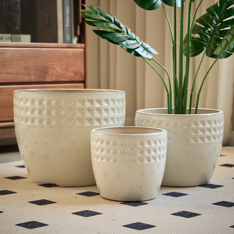 Handmade Ceramic Flower Pot Set of 3, 15/12/9 Inch Diameter, White Diamond Pattern, for Succulents Indoor/Outdoor Use on Windowsill & Bookshelf, Breathable Clay