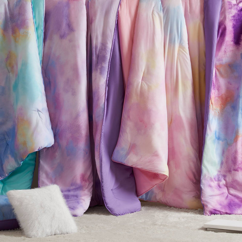 4 Pieces Full/Queen Watercolor Tie Dye Printed Comforter Set with Throw Pillow,Pink