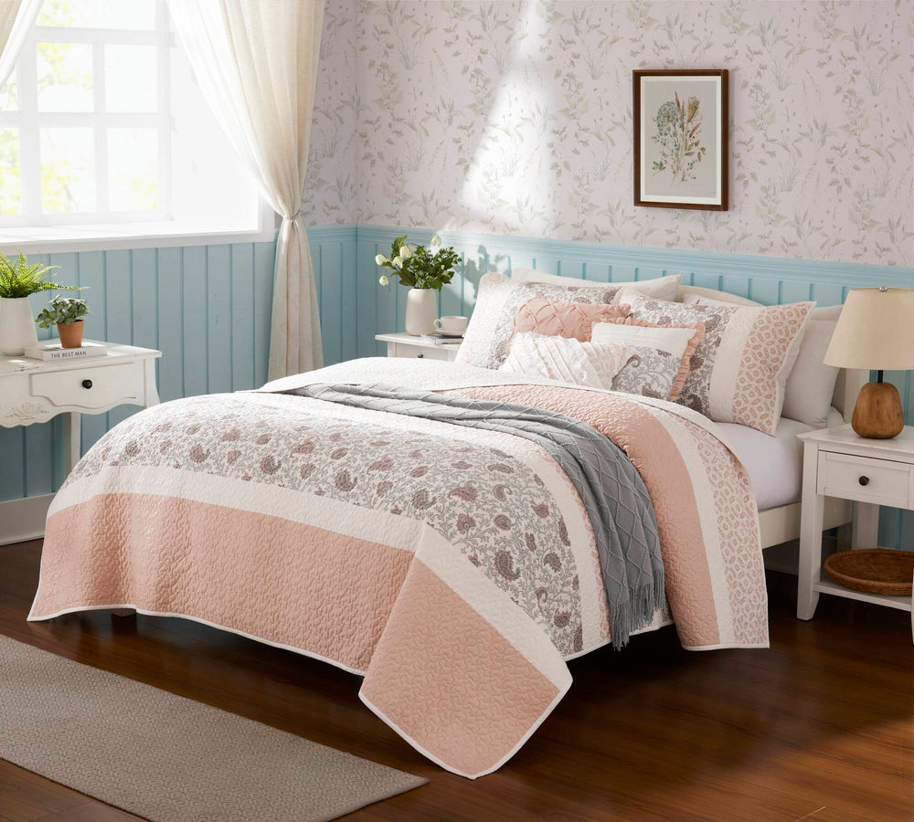 6 Piece Cotton Percale Quilt Set with Throw Pillows Blush Full/Queen Media 15