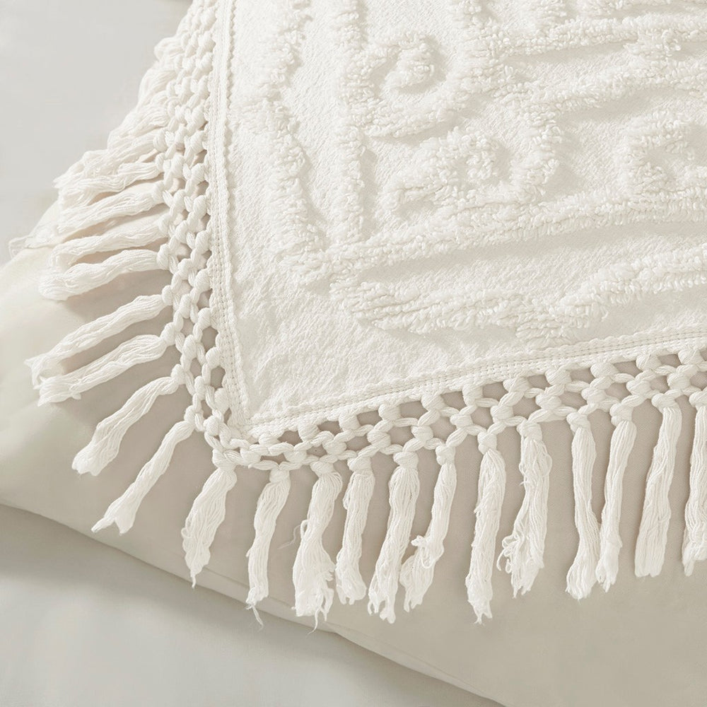 Tufted Cotton Chenille Medallion Fringe Coverlet Mini Set Off-White King/Cal King Media 7