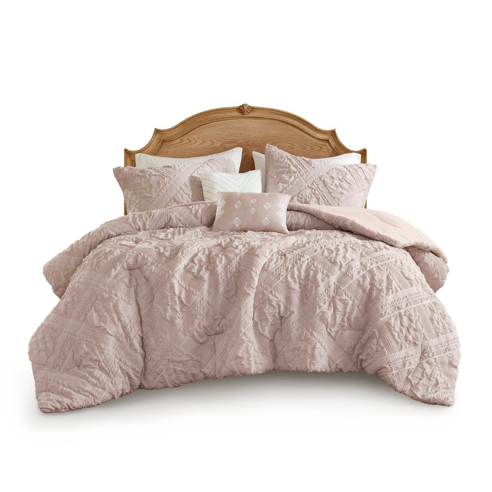 5-Piece Full/Queen 5 Piece Sculpted jacquard comforter set,Pink Media 7