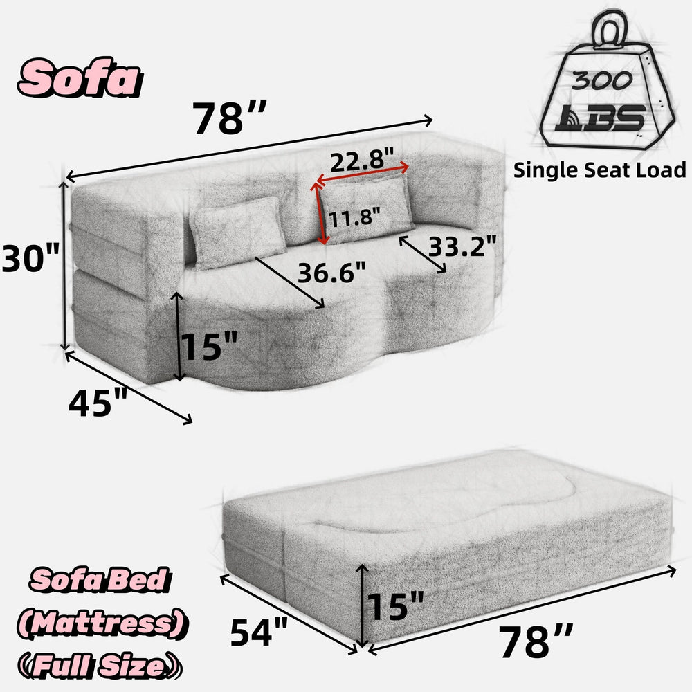Sofa Bed Teddy Fabric Modern Grey Full Size Living Room Lounge Area Media 3