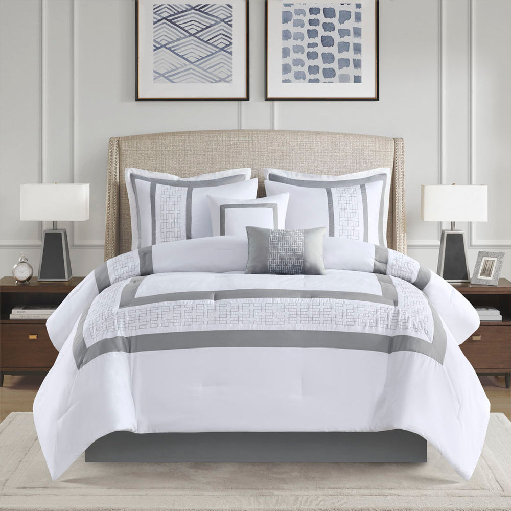 8 Piece Embroidered Comforter Set White Queen Media 7