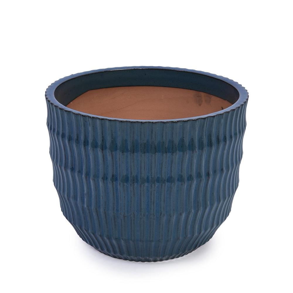 Handmade Denim Blue Glaze Ceramic Planter Set of 4, 7/9/12/14 Inch, Horizontal Grooves, Indoor & Outdoor Herb Succulent Pots, Breathable Clay with Drainage Holes Media 10
