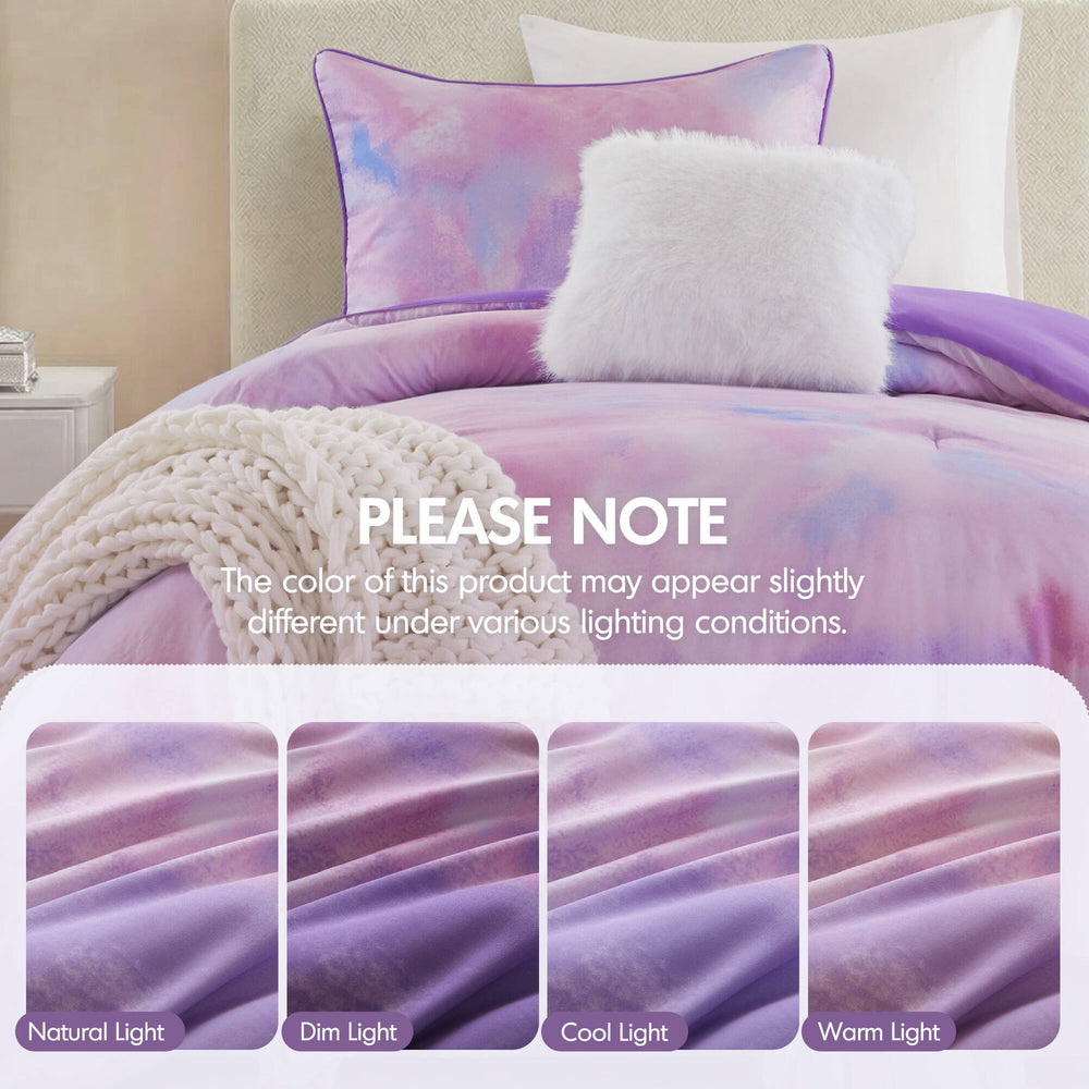 3 Pieces Twin/Twin XL Watercolor Tie Dye Printed Comforter Set with Throw Pillow,Purple Media 3