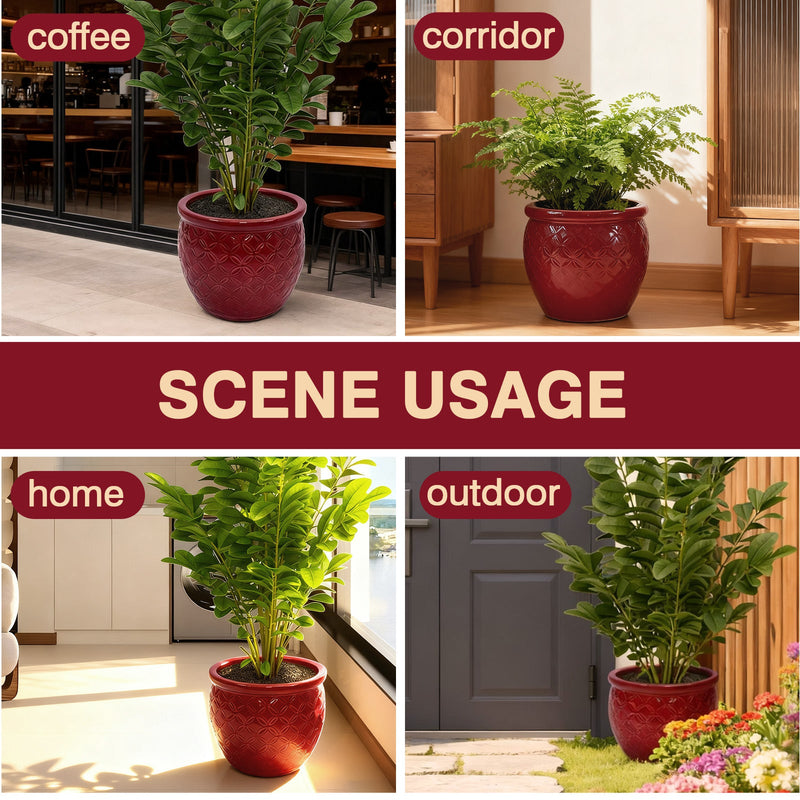 Handmade Ceramic Flower Pot Set of 3, 15/12/10 Inch Diameter, Deep Red with Floral Embossed Pattern, for Orchids Indoor/Outdoor Use on Windowsill & Bookshelf, Breathable Clay