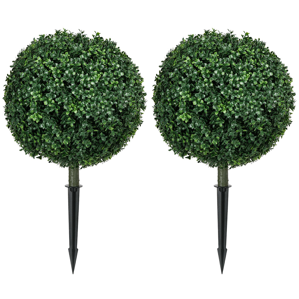 HOMCOM 1.3' (15.7') Artificial Boxwood Topiary Trees with Ground Stake, UV Resistant Set of 2 Ball Shaped Trees, Indoor Outdoor Fake Plants for Home Office & Living Room Décor Media 1