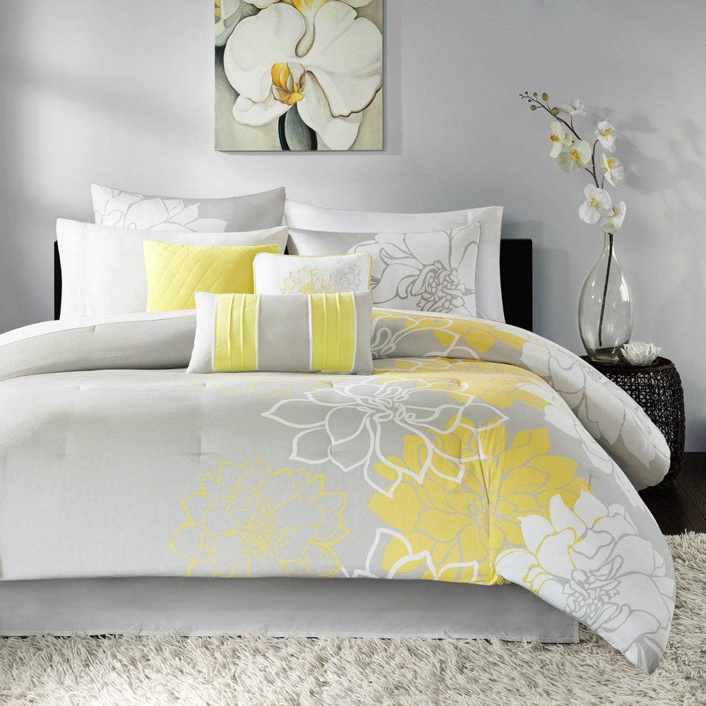 Printed Cotton Sateen Comforter Set Taupe Grey/Yellow King Media 5