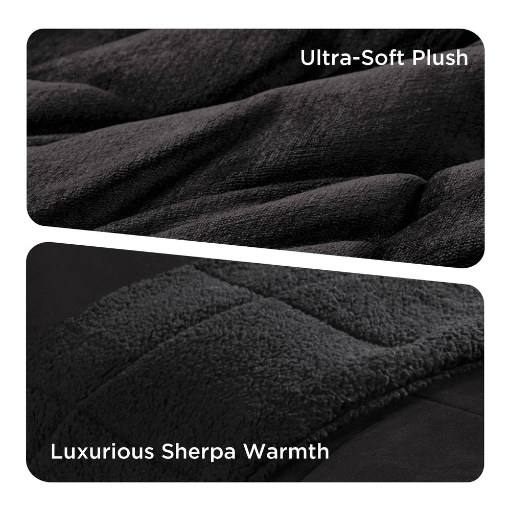 4-Piece Full/Queen Plush to Sherpa Down Alternative Comforter Set,Black/Black Media 17