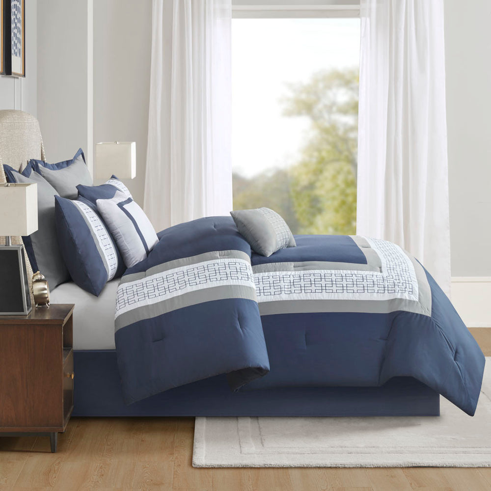 8 Piece Embroidered Comforter Set Navy Queen Media 11