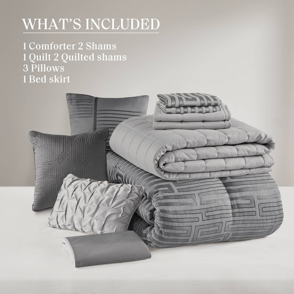 10 PCS Cal King  Luxury Jacquard Comforter Set Grey Media 7