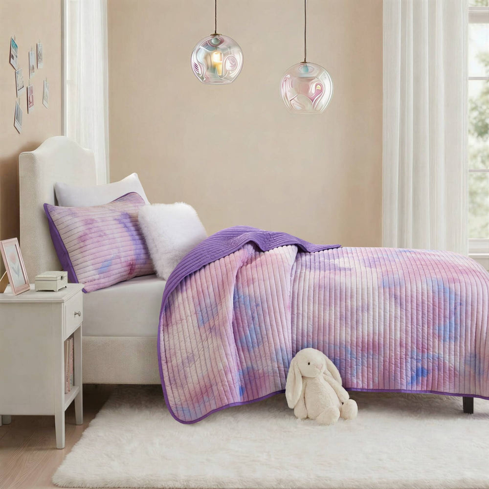 3 Pieces Twin/Twin XL Watercolor Tie Dye Printed Quilt Set with Throw Pillow,Purple Media 18