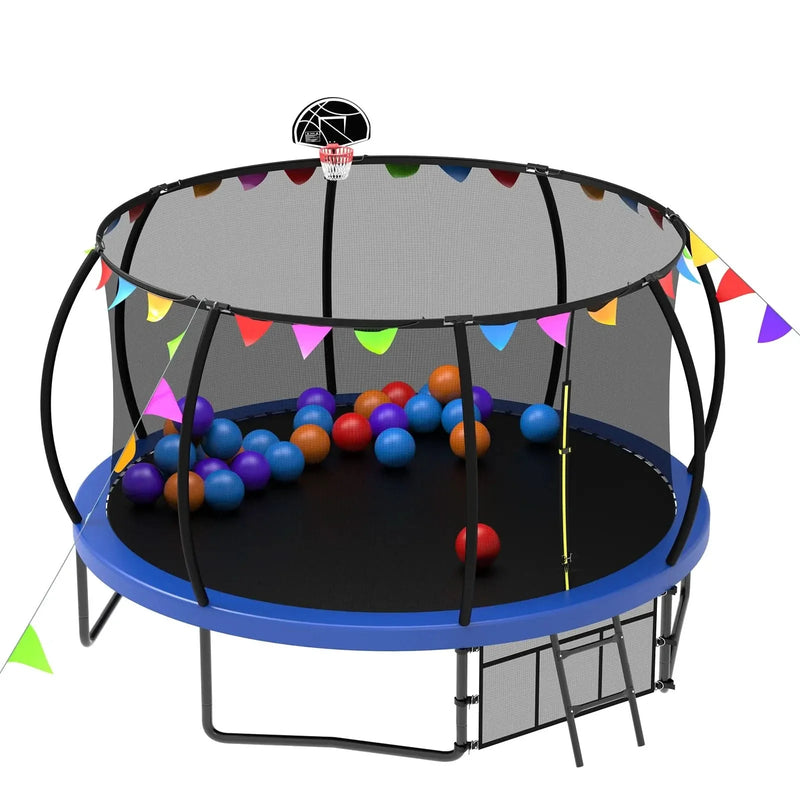 Kids Trampoline 12ft Steel Frame Enclosure Net & Ladder Outdoor Backyard