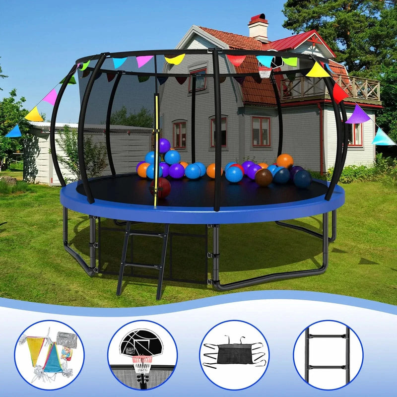 Kids Trampoline 12ft Steel Frame Enclosure Net & Ladder Outdoor Backyard