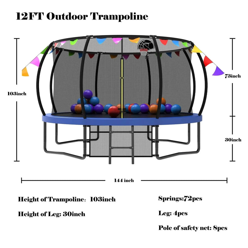 Kids Trampoline 12ft Steel Frame Enclosure Net & Ladder Outdoor Backyard