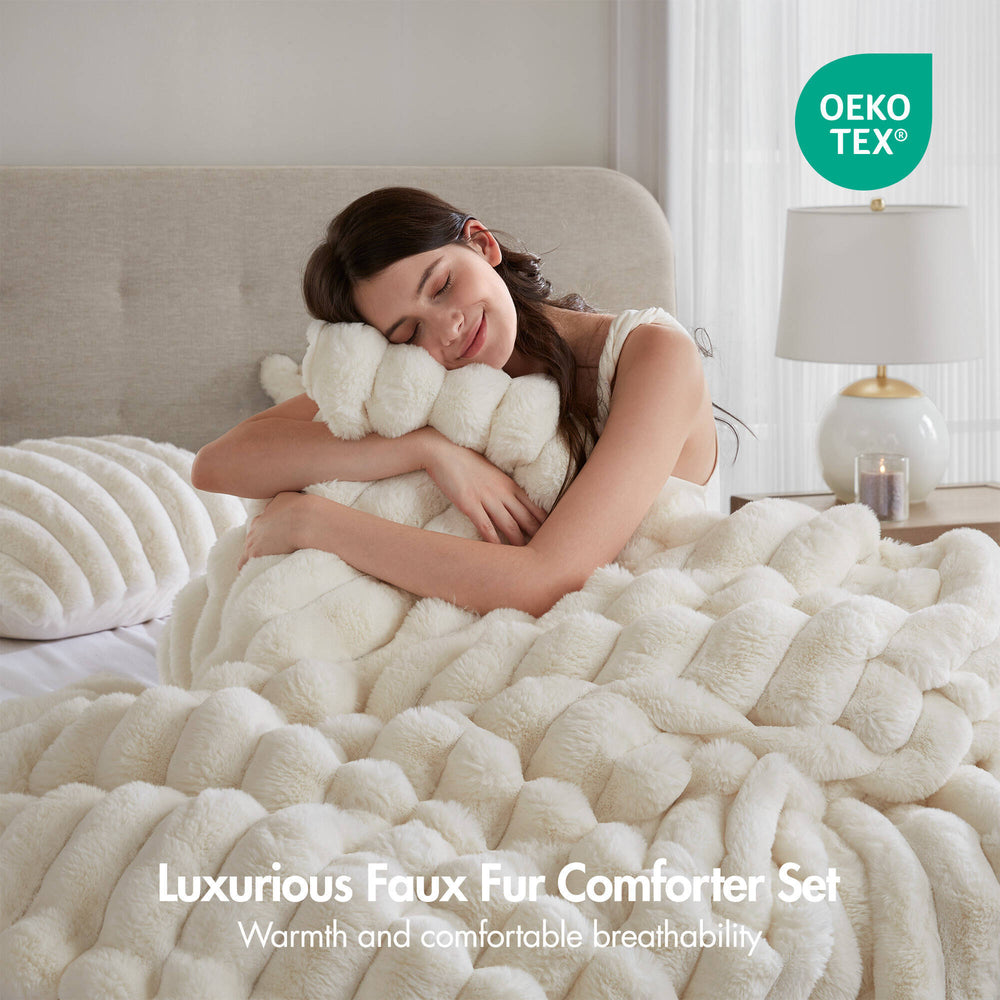 3-Piece Full/Queen  soft Faux Fur Ribbed Comforter Set,Ivory Media 6