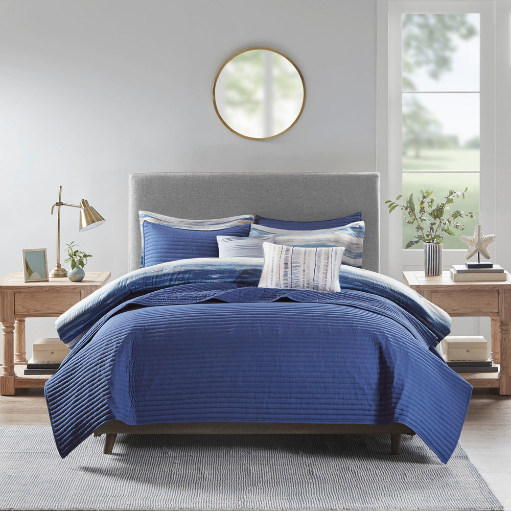 8 Piece Printed Seersucker Comforter and Quilt Set Collection Blue King/Cal King Media 8