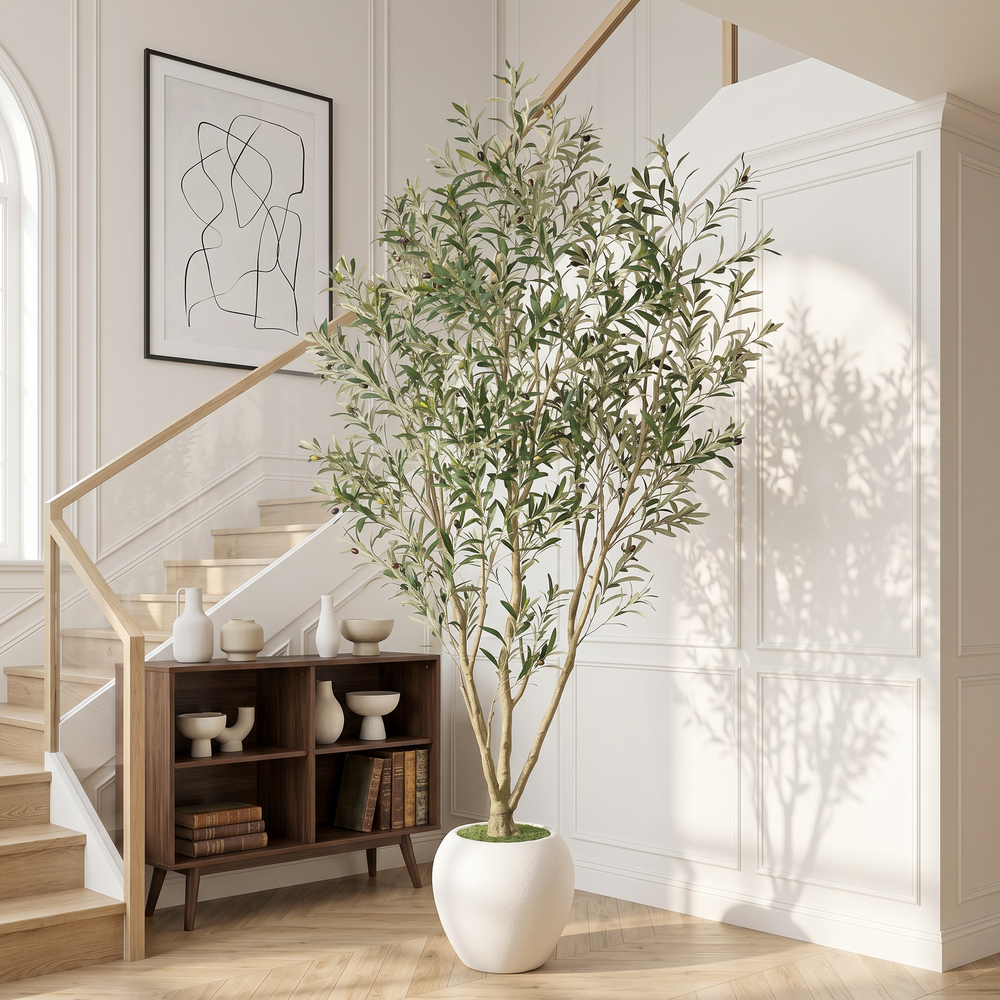 8FT Artificial Olive Tree With Big Decorative White Planter, Tall Indoor & Covered Outdoor Decorative Tree, 1pc/set Media 3