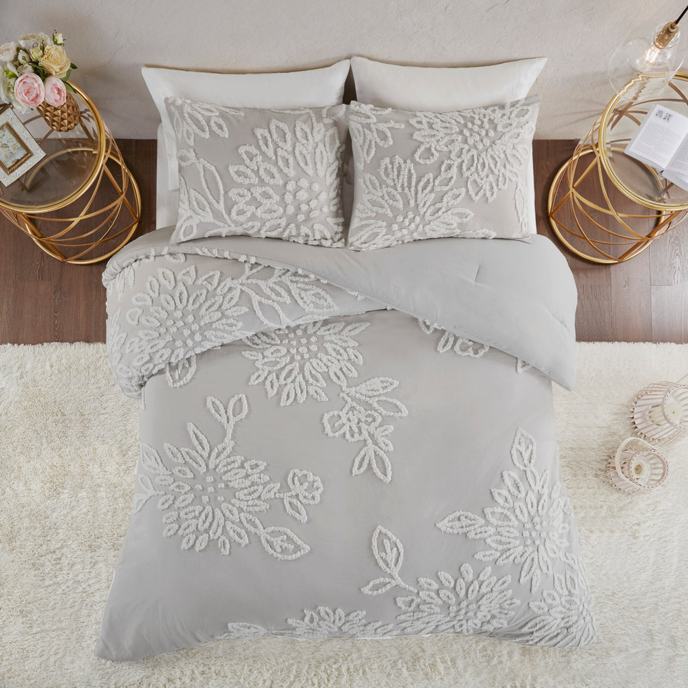 3 Piece Tufted Cotton Chenille Floral Comforter Set Warm Grey/White King/Cal King Media 10
