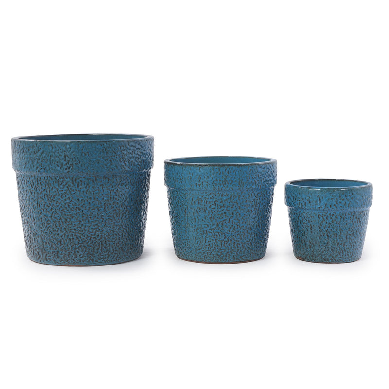 Handmade Ceramic Planter Set of 3, 15/12/9 Inch Diameter, Blue Textured Pattern, for Succulents & Indoor Plants, Windowsill & Bookshelf Use, Breathable Clay