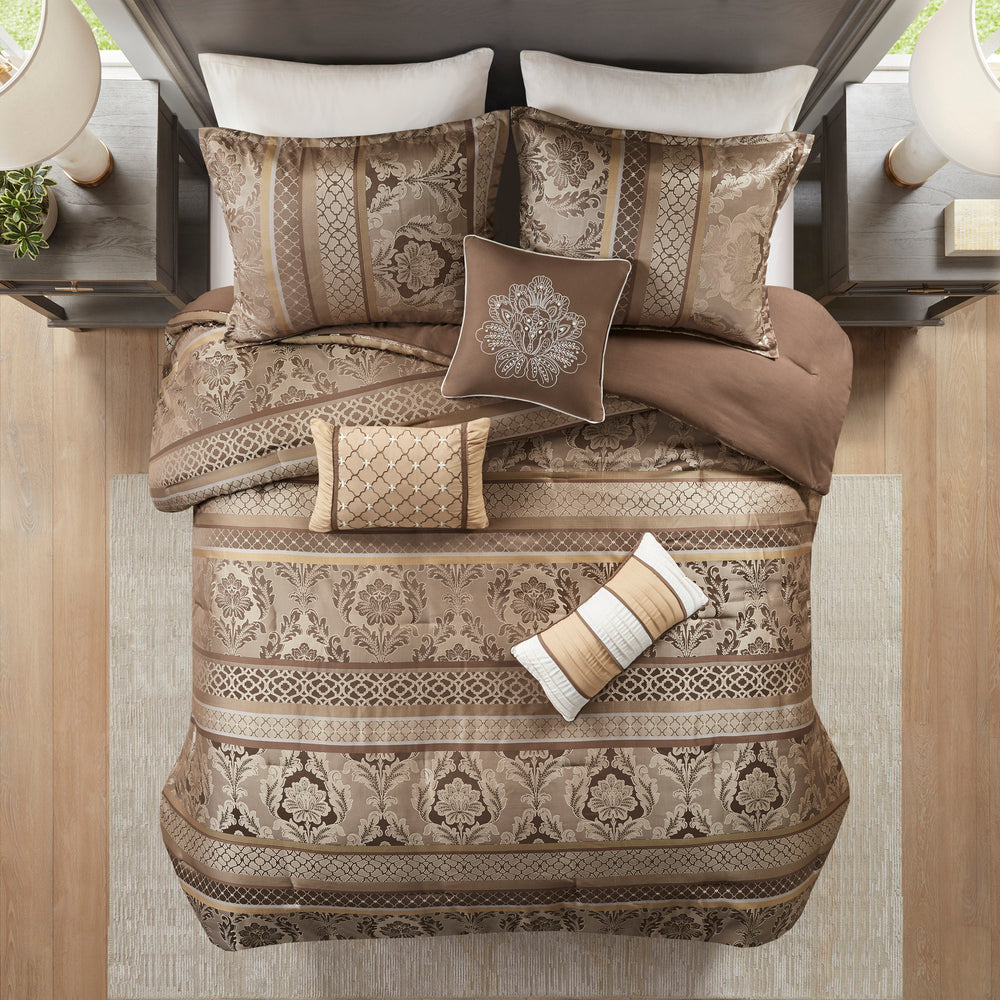 7 Piece Jacquard Comforter Set Brown/Gold King Media 9