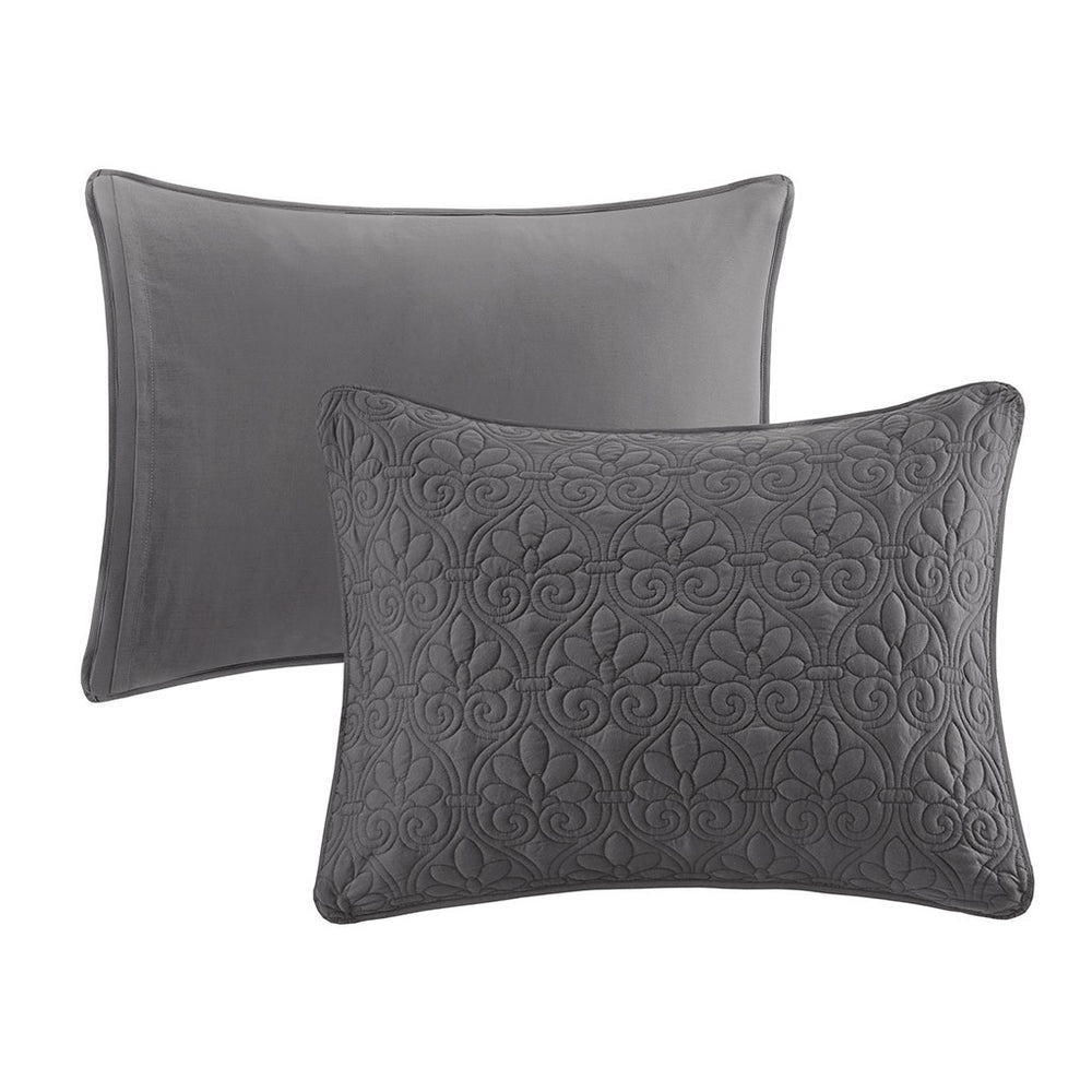 3 Piece Split Corner Pleated Quilted Bedspread Dark Grey King Media 11