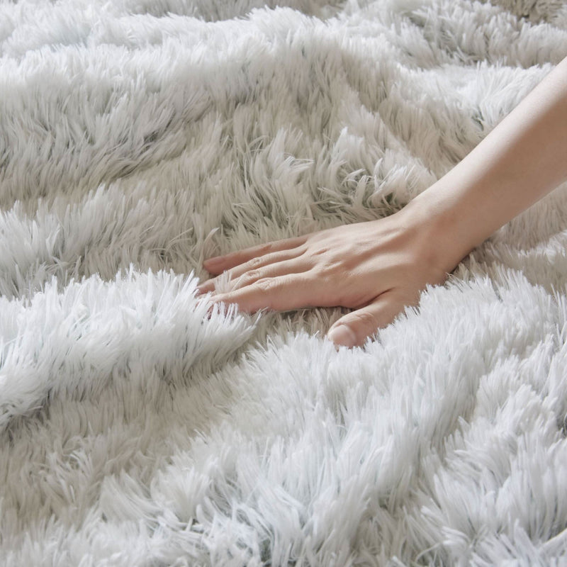 Faux Fur Comforter Set Shaggy Twin XL Green & White Cozy Bedding For Home Decor Accent