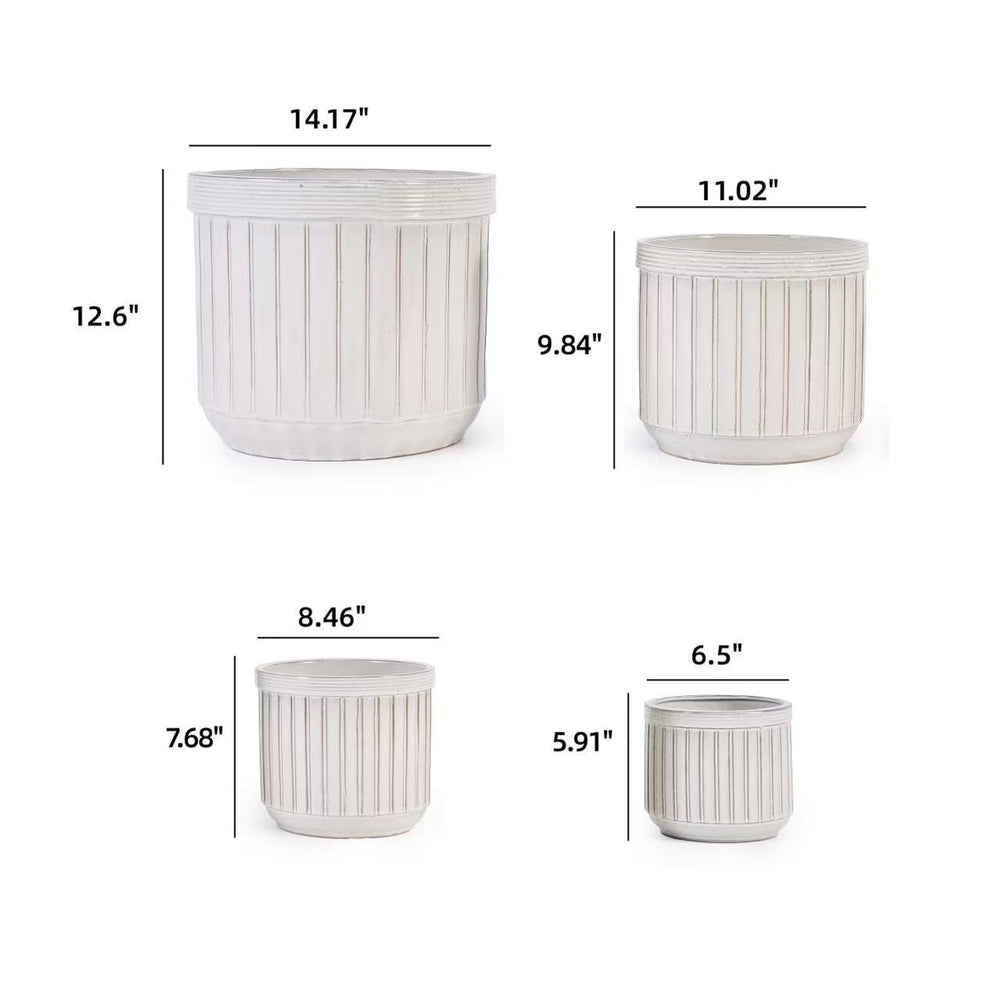 Handmade White Ceramic Planter Set of 4, 6/8/10/12 Inch Diameter, Vertical Line Pattern for Succulents & Cacti, Indoor/Outdoor Use on Windowsill & Bookshelf, Breathable Material Media 3