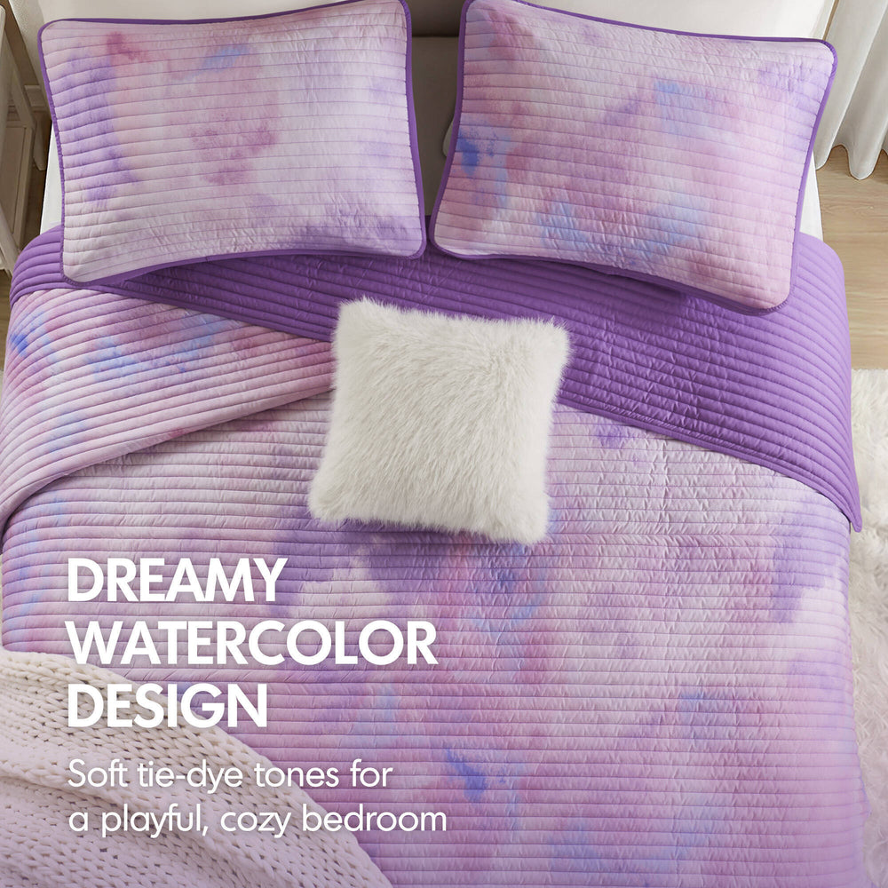 4 Pieces Full/Queen Watercolor Tie Dye Printed Quilt Set with Throw Pillow,Purple Media 9