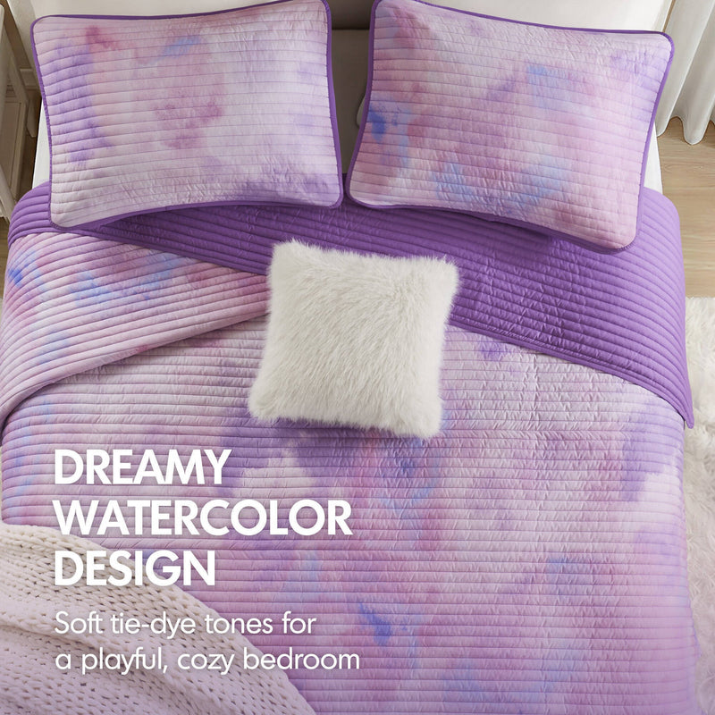 4 Pieces Full/Queen Watercolor Tie Dye Printed Quilt Set with Throw Pillow,Purple