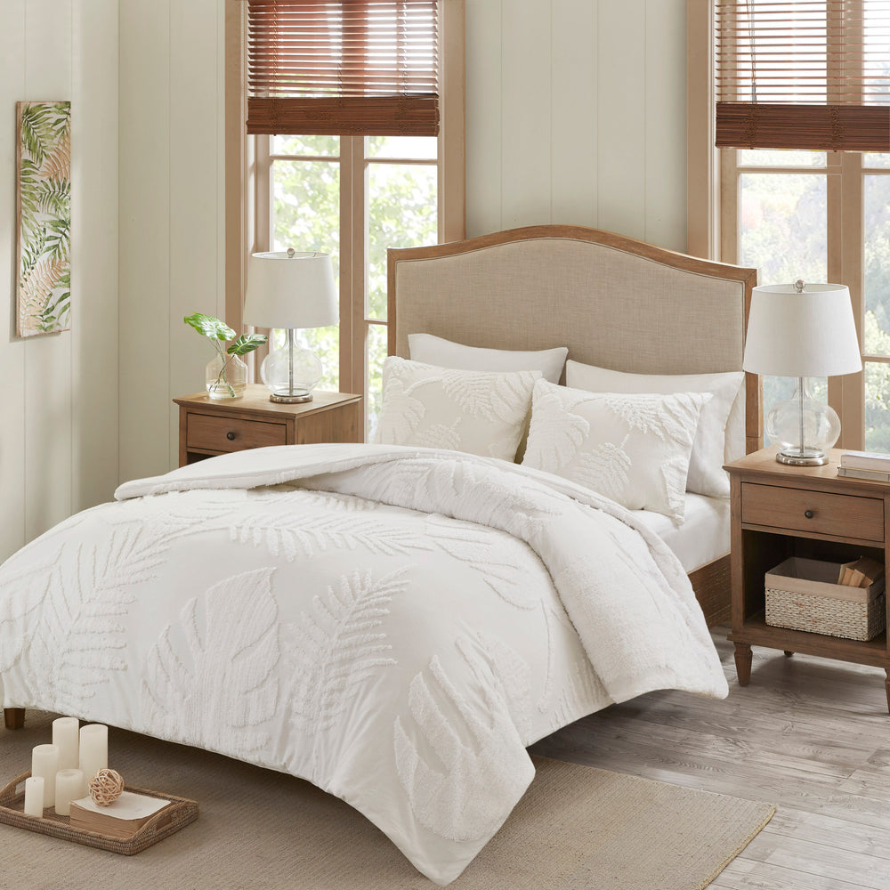 3 Piece Tufted Cotton Chenille Palm Comforter Set Off-White Full/Queen Media 1