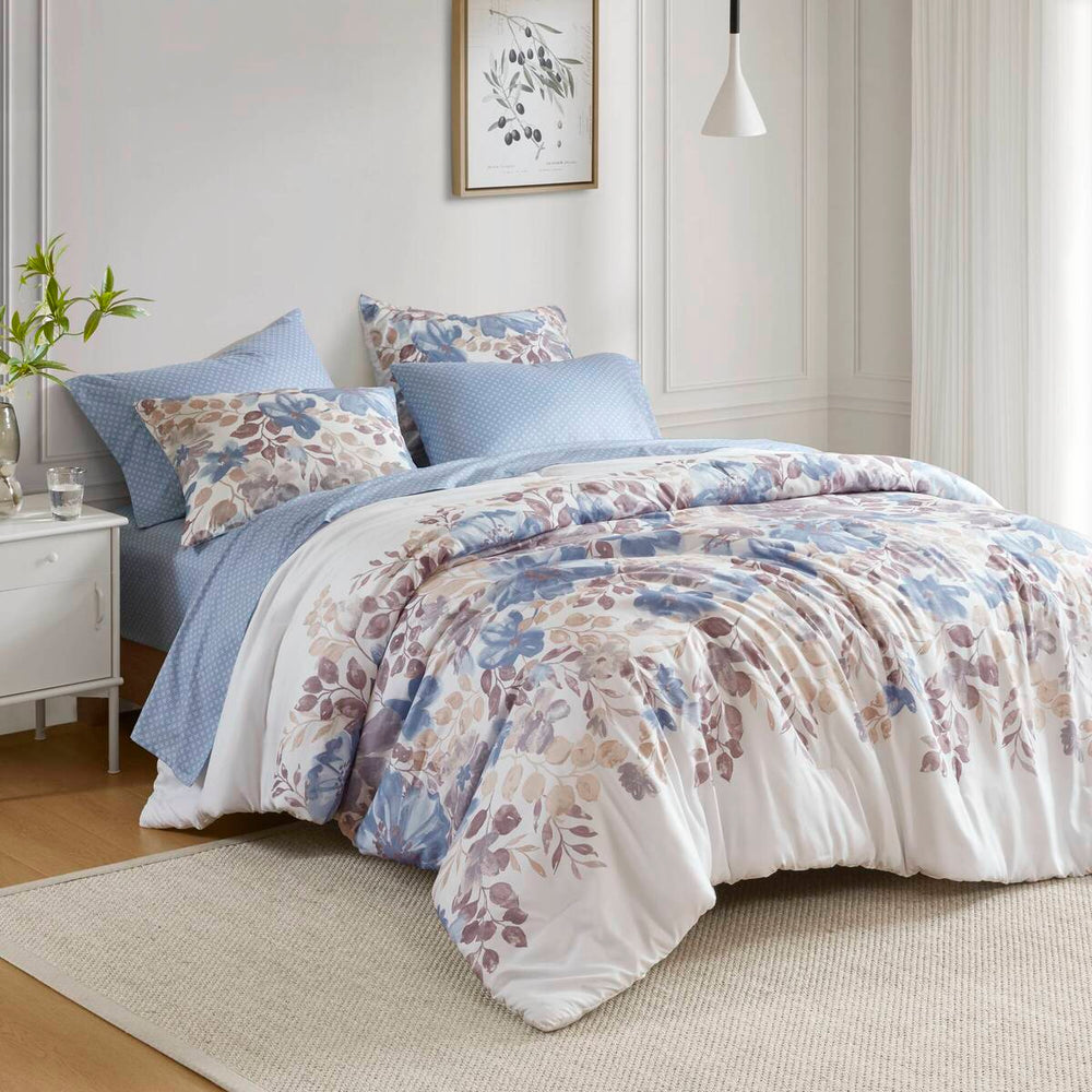 Floral Comforter Set with Bed Sheets Blue King Media 9