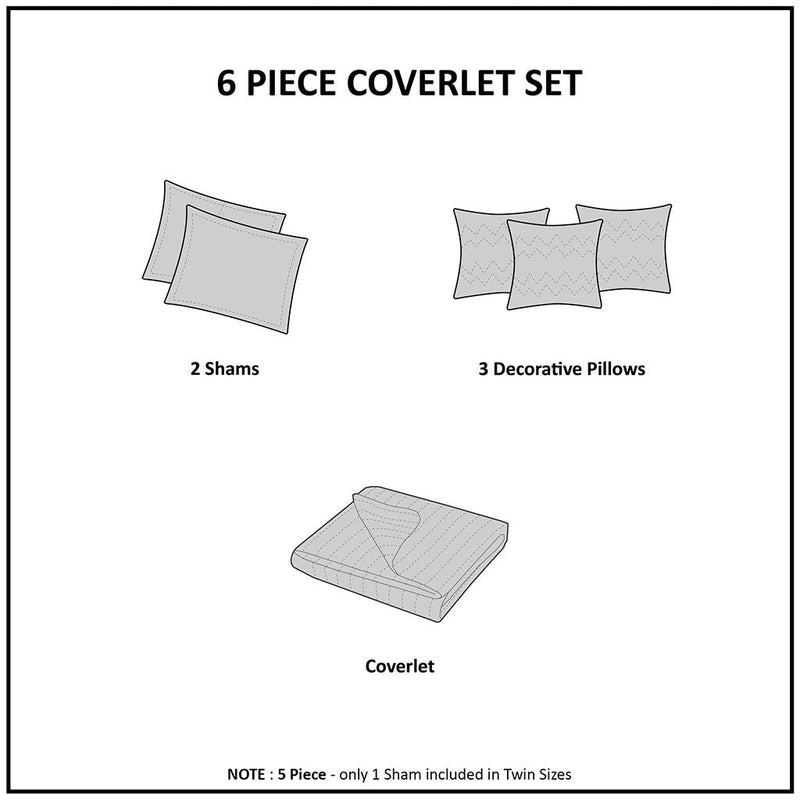 6 Piece Reversible Jacquard Quilt Set with Throw Pillows Navy King/Cal King