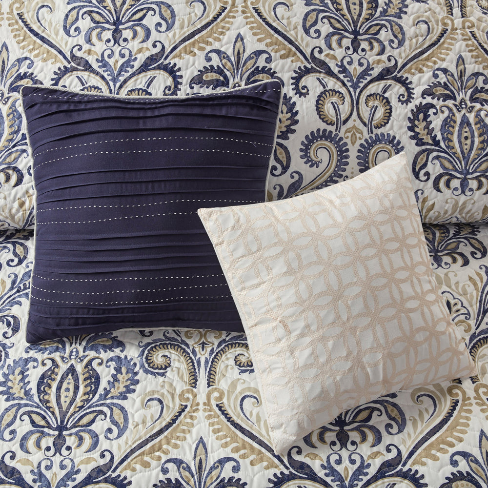 6 Piece Reversible Quilt Set with Throw Pillows Navy/Tan Full/Queen Media 2