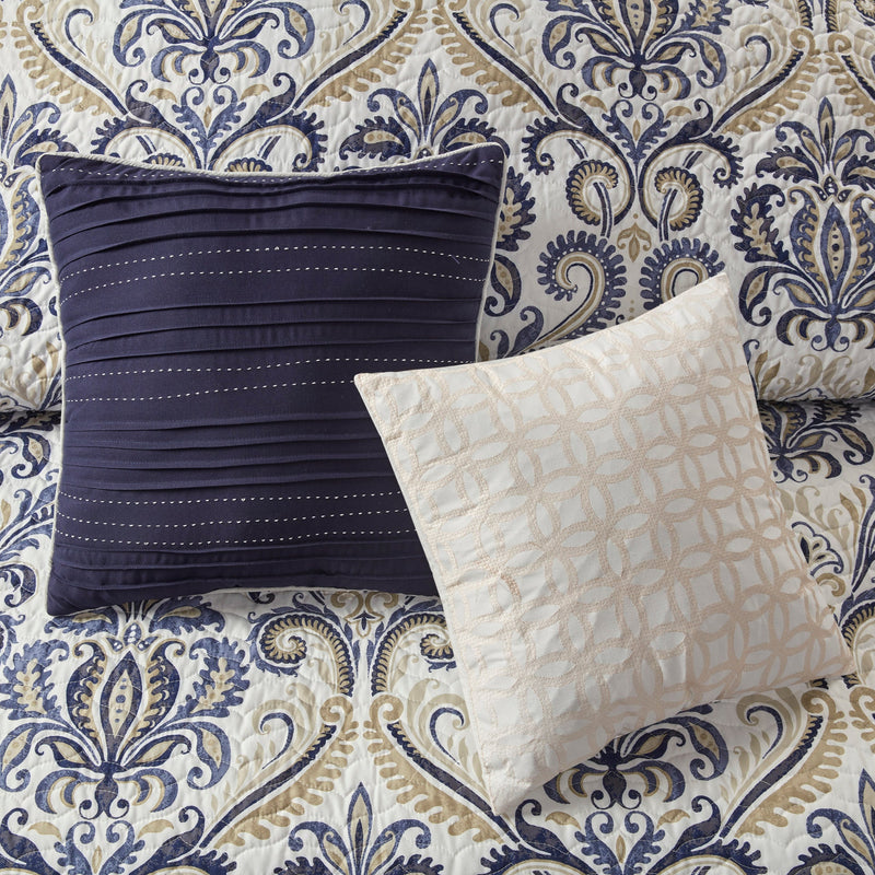 6 Piece Reversible Quilt Set with Throw Pillows Navy/Tan Full/Queen