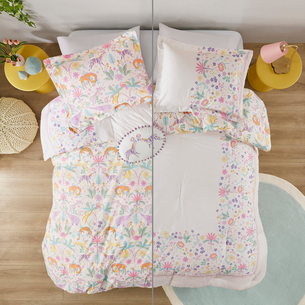 4 PCS Full/Queen Floral Reversible Cotton Comforter Set with Throw Pillow Purple Media 3