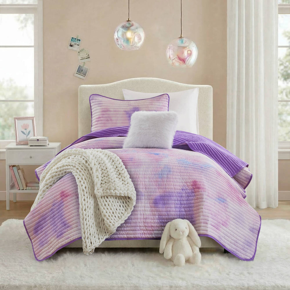 3 Pieces Twin/Twin XL Watercolor Tie Dye Printed Quilt Set with Throw Pillow,Purple Media 14