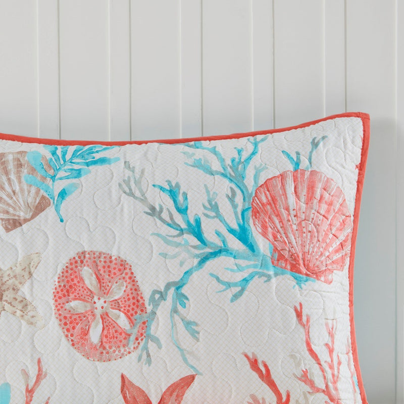 6 Piece Cotton Sateen Quilt Set with Throw Pillows Coral King/Cal King