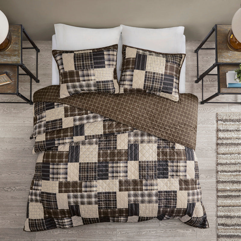 3 Piece Reversible Printed Quilt Set Black/Brown King/Cal King