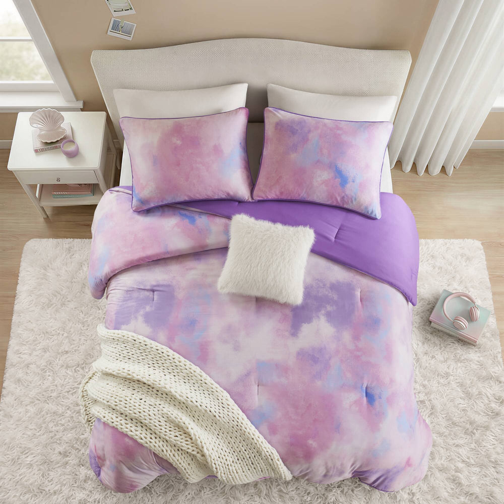 4 Pieces King/Cal King Watercolor Tie Dye Printed Comforter Set with Throw Pillow,Purple Media 20
