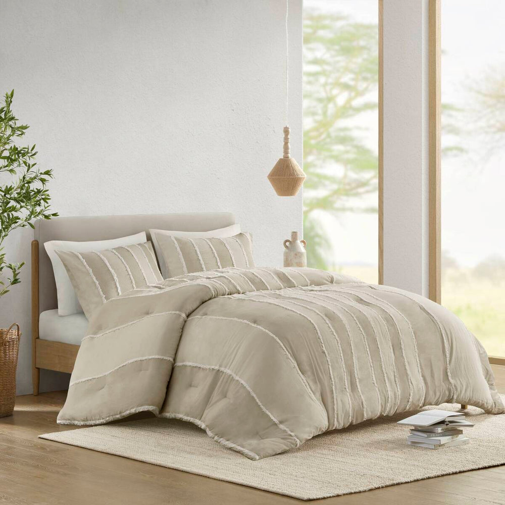 3 Piece Striped Cotton Comforter Set Taupe Full/Queen Media 15