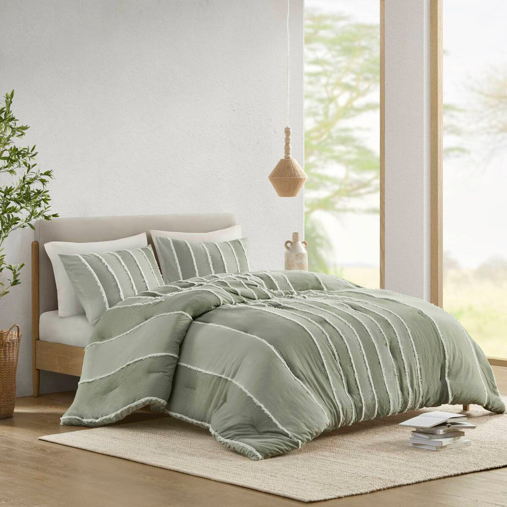 3 Piece Striped Cotton Comforter Set Sage King/Cal King Media 6