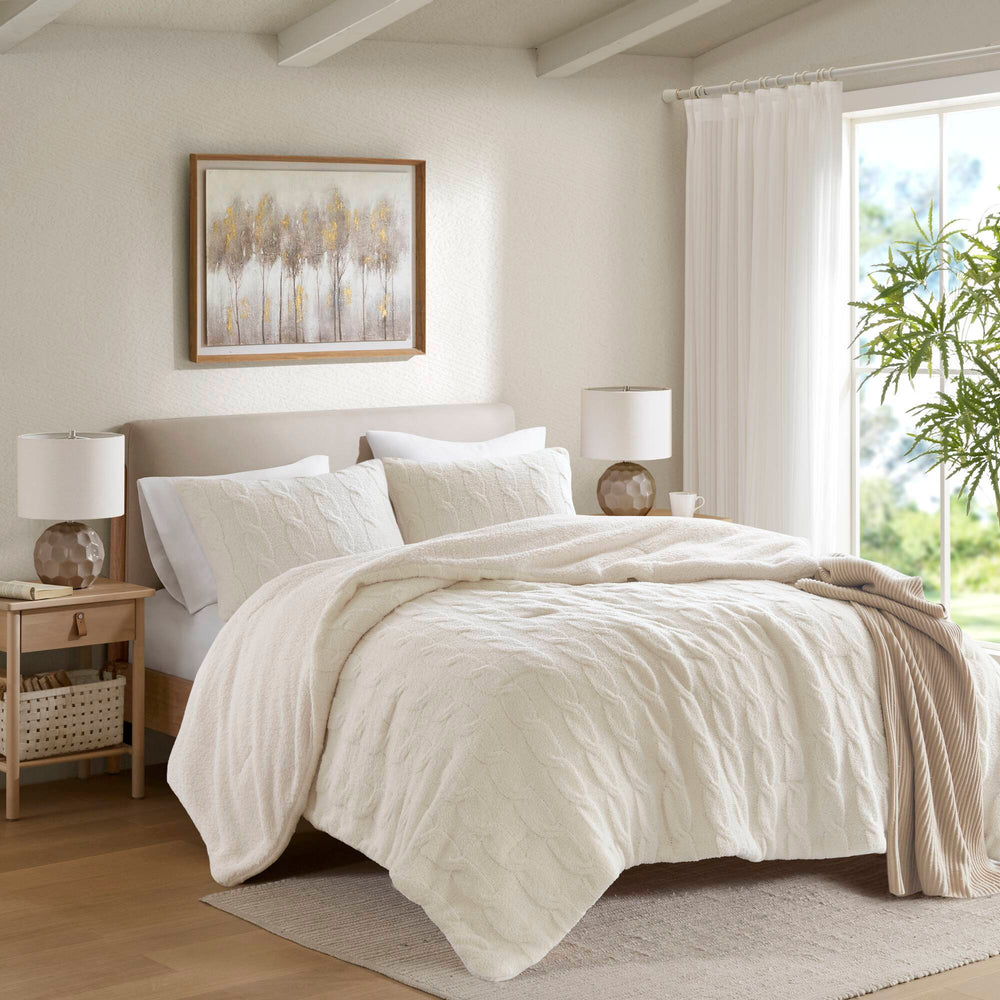 3 Pieces Full/Queen Cable Knit Chenille Comforter Set,Ivory Media 18